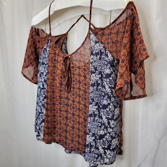 Intu Sheer Patchwork Floral Blouse w. Cris Cross Straps and Drop Sleeves, M - Picture 3 of 7